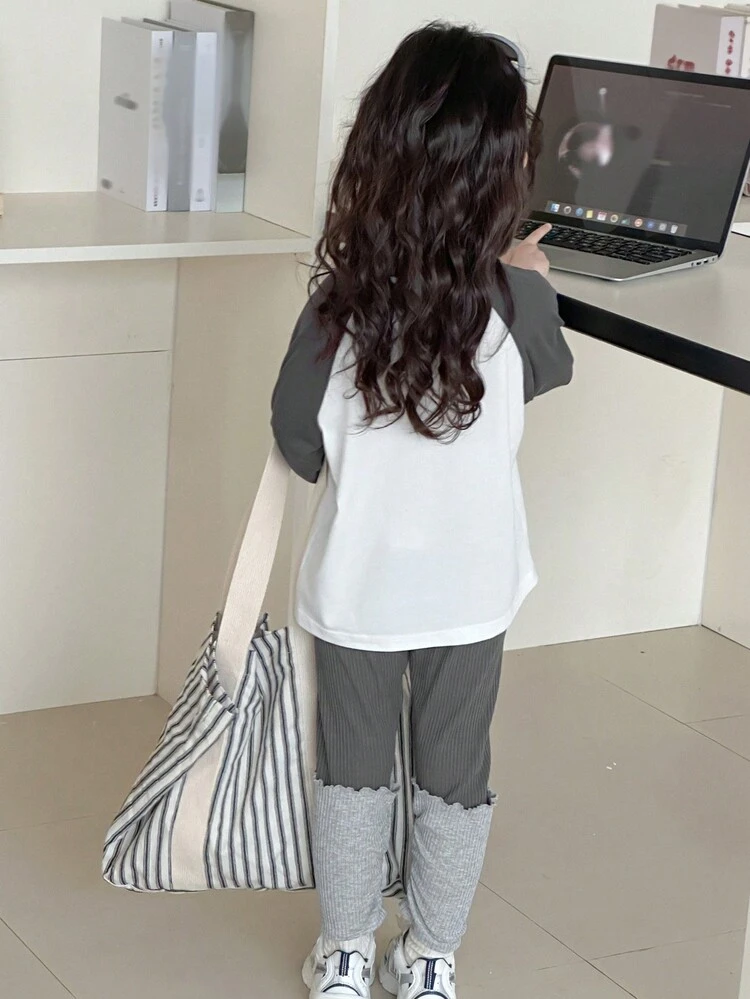 2pcs/Set Girls Young Girl Fall Outfit, Colorblock Printed Long Sleeve Top + Leggings Pants (Small Size)