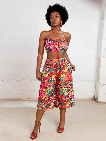 Sylvia Mollie Designer Boho Bohemian Women's Multicolor Spring And Summer Colorful Hand-Painted Floral Print High Waist Wide Leg Pants, Vacation, Festival, Ibiza Fits