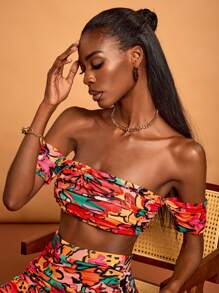 Sylvia Mollie Designer Boho Bohemian Women's Multicolor Spring Summer Colorful Floral Print Ruffled Cropped Bandeau Off Shoulder Top Holiday Party, Vacation, Going Out, Festival, Ibiza Fits