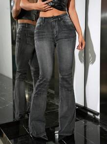SHEIN ICON Women's Low Waist Front Button Pocket Casual Y2k Going Out Black Stacked Jeans - Black - View 6