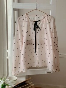 DAZY Polka Dot Long Sleeve Round Neck Drawstring Bowknot Decor Women's Blouse, Summer,Fall Clothes