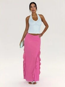 Glamine Falda larga elegante con cintura elástica, cremallera lateral y decoración con volantes - Rosa vieja - Ver 4