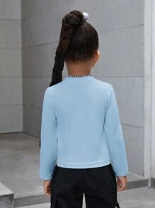 SHEIN Kleine Mädchen einfarbiges Shirt mit Schleifenmuster, rundem Ausschnitt und enger Passform, lässiger Stil