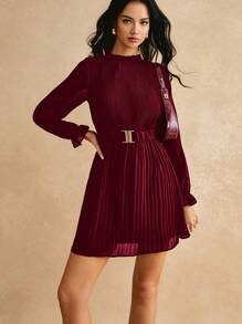 Poéselle Mock Neck Flounce Sleeve Belted Pleated Hem Dress - Burgundy - View 3