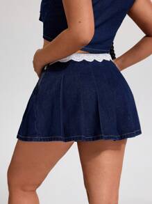 SHEIN ICON Große Größen Damen Sexy & erfrischender Kontrast Spitze minimalistischer Denimrock - Blau - Übersicht 2