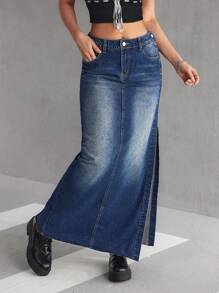 SHEIN EZwear 女士侧开衩下摆口袋长款休闲牛仔 A 字裙 - 深色水洗藍 - 查看 7