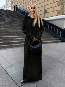 EURMUSE Women Crew Neck Ribbed Knit Fluffy Long Sleeve Sweater Dress - Black - View 4