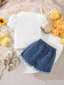 SHEIN 2pcs/Set Baby Girl Spring&Summer Casual Style, Short Puff Sleeves Flower Shape Embroidery Top&Short Jeans