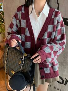 DAZY Checkerboard Pattern Women's Casual Cardigan,Fall Clothes - Burgundy - View 7