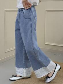 DAZY Blugi cu picior larg, casual, de culoare solidă, pentru fete preadolescente, haine pentru întoarcerea la școală - Albastru - Vizualizare 5