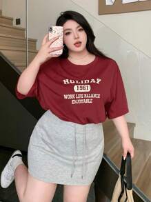 Dazy Plus Christmas Plus Size Loose Fit Round Neck Short Sleeve T-Shirt With Letter Print, Chinese New Year, Spring/Summer Oversized T-Shirt,Graphic Tees - Burgundy - View 6