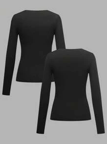 SHEIN Clasi Set de 2 tops de mujer, 1 de cuello cuadrado y 1 de cuello cuadrado de manga larga, color negro, conjunto casual de otoño/invierno