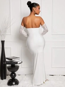 SHEIN SXY 性感蕾丝拼布露肩缎面连衣裙 - 白色 - 查看 2