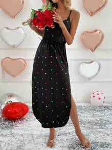 SHEIN LUNE Rochie slip cu imprimeu inimioare colorata de baza neagra de primavara, rochie lunga pentru femei, romantica pentru intalnirea de Ziua Indragostitilor - Negru - Vizualizare 4