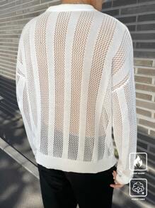 Manfinity CasualKnits Men's Plain Turn-Down Collar Drop Shoulder Long Sleeve Hollow Casual Sweater, Autumn/Winter - Multicolor - View 2