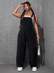 SHEIN ICON Plus Size Broad Strap Knappficka Enkel Casual Denim Jumpsuit - Svart - Visa 6