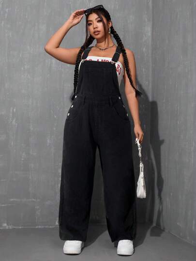 SHEIN ICON Plus Size Broad Strap Button Pocket Simple Casual Denim Jumpsuit