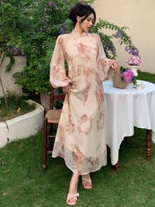 DAZY Bata de mujer de manga farol con estampado floral de gasa, para vacaciones, de primavera/verano