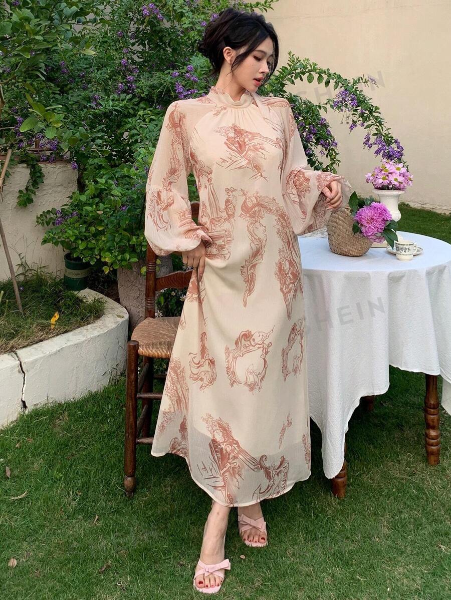 DAZY Bata de mujer de manga farol con estampado floral de gasa, para vacaciones, de primavera/verano