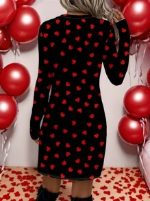 SHEIN LUNE 情人节女士心形图案休闲扭纹下摆长袖圆领连衣裙 - 白色 - 查看 2