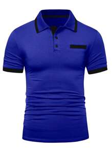 Manfinity Homme Men's Simple Casual Color Block Trim Short Sleeve Polo Shirt - Royal Blue - View 3