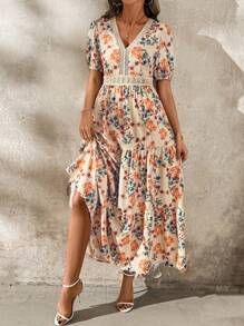 SHEIN Clasi Women's Elegant Floral Print V-Neck Splicing Hollow-Out Lace Ruffle Hem A-Line Waist-Cinched Long Dress