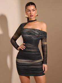 SHEIN BAE Vestido Elegante de Manga Longa, Ajuste Justo, Tingimento por Tie-Dye, Babado Franzido, Adequado para Coquetel, Encontro Romântico, Camadas de Outono/Inverno, Festa, Reunião Formal, Passeio à Noite, Natal - Multicolorido - Visão 3