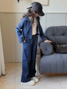 Dazy Kids Completo in denim per ragazze adolescenti - Blu lavato scuro - Visualizzare 3