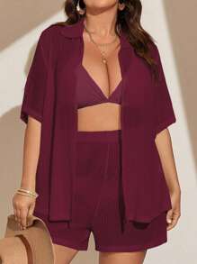 SHEIN Swim Curve 2 piezas Conjunto de tapa y pantalón corto de unicolor para mujer de talla grande, tapa de playa holgada y casual para el verano