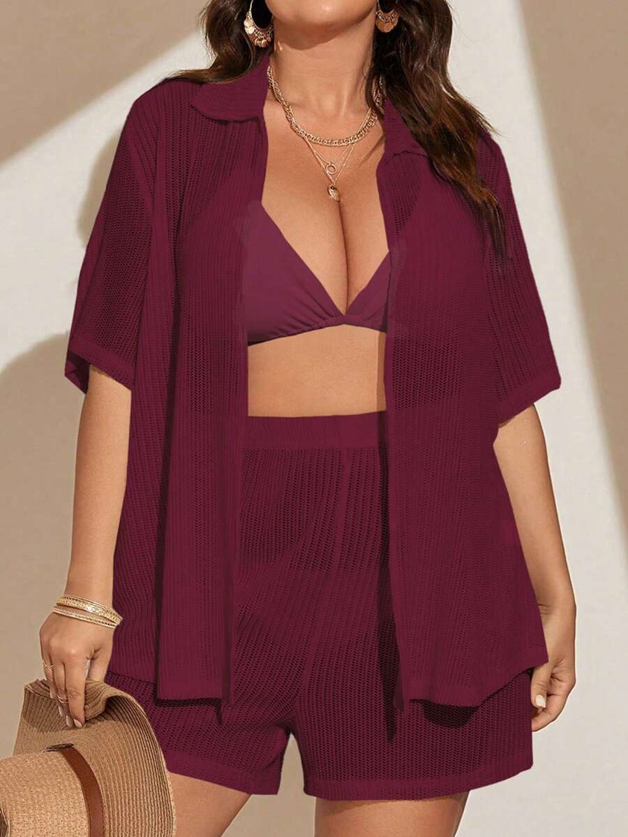 SHEIN Swim Curve 2 piezas Conjunto de tapa y pantalón corto de unicolor para mujer de talla grande, tapa de playa holgada y casual para el verano