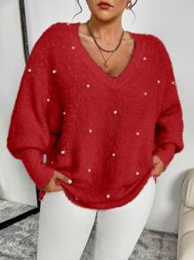 Celure Plus Size Women Loose Batwing Sleeve Beaded Knitted Sweater, Casual Pullover For Autumn & Winter