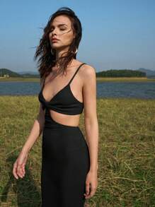 SHEIN BAE Cutout Solid Split Hem Dress - Black - View 6