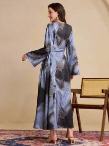 Al Najma Tie-Dye Print V-Neck Long Sleeve Cinched Waist Dress, Flowy Dress,Modest