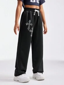 SHEIN Tween Girls Spring/Summer Y2K Style Drawstring Waist Wide Leg Loose Sweatpants With Rhinestone Decor - Black - View 4