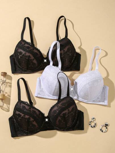 3pcs Set Women Contrast Lace Push Up Underwire Bras, Sexy Solid-Color Lingerie