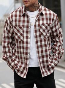 Manfinity Homme Áo khoác nam tay dài cài nút phía trước, túi kẻ caro thường ngày - Nhiều màu - Xem 5