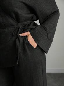 SHEIN Clasi 女士加大码法式休闲裹身交叉系带长袖衬衫配直筒裤，适合春秋冬季 - 黑色 - 查看 5