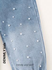SHEIN Young Girl' Casual Versatile All-Match Cute Pearl Decor Washed Drawstring Waist Jeans, Suitable For Everyday And Party Wear - Light Wash - View 5