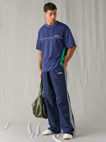 Manfinity RebelGame Men's Regular Size Navy Blue Loose Straight Wide Leg Drawstring Casual Sport Pants - Royal Blue - View 4