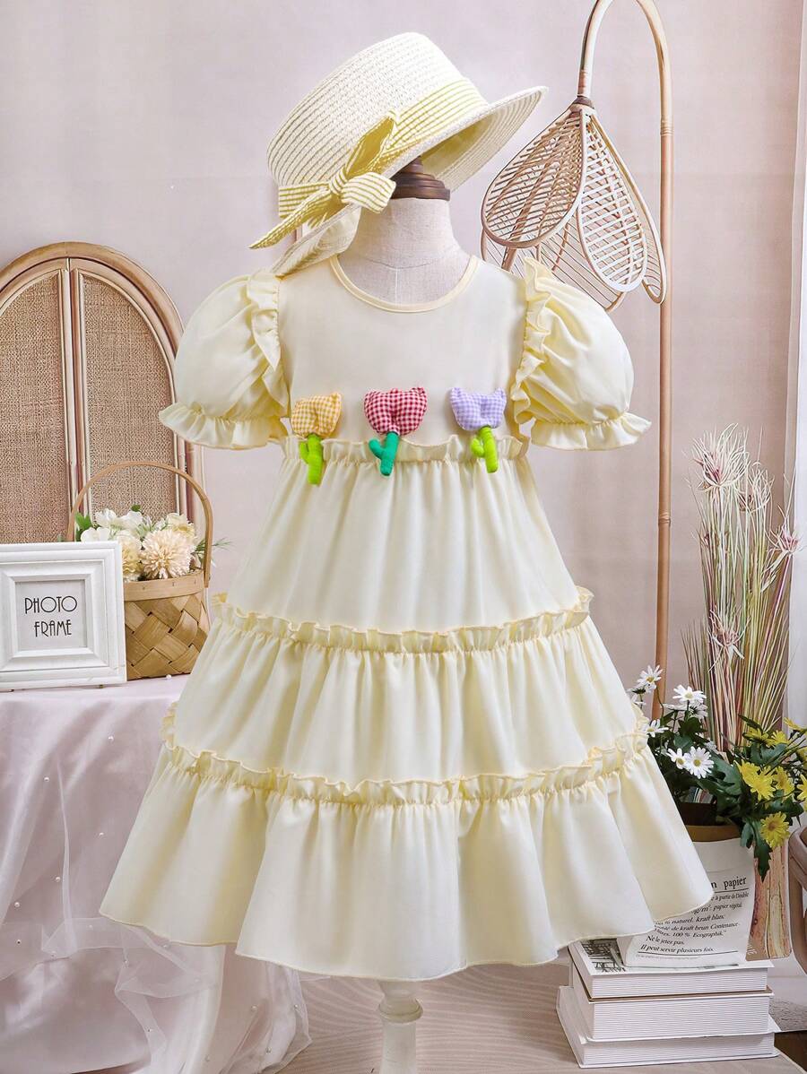 Vestido de princesa de manga abullonada y cuello redondo con decoración floral 3D multicapa, para uso casual de verano para niñas - Amarillo - Ver 1