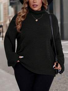 SHEIN LUNE 大码休闲宽松高领针织毛衣套头衫，采用精致的凸起针织纹理，打造休闲外观。派对、音乐节、家居服、返校活动、送礼和购物。冬装、乡村上衣、秋季毛衣