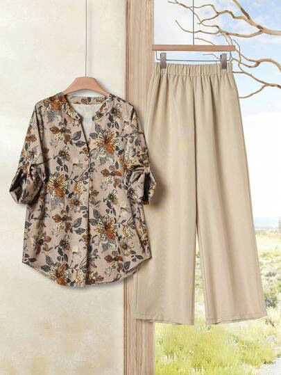 Rusticease 2 件套女士假日休闲花卉印花衬衫和裤子，夏季套装女士假日撞色优雅休闲宽松上衣阔腿裤套装抹胸和裤子套装女士夏装女士两件套假日连衣裙女士假日两件套波西米亚风格女装