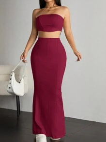 Muchica 夏季女士露肩上衣和美人鱼裙两件套 - 紅色 - 查看 3