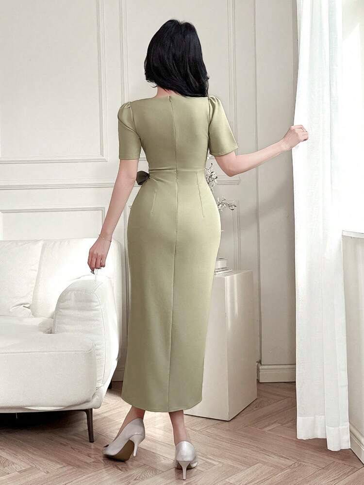Summer Commuter Dress For Women With Bow Decor And Front Slit Pleats Sundress Maxi Dress