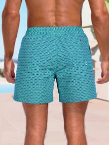 Manfinity Swimmode Men's Beach Loose Shorts Drawstring Waist Front Tie Pocket Geometric Print Resort Casual - Teal Blue - View 2