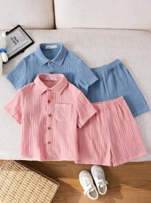 SHEIN 4pcs/Set Young Boy Casual Comfortable Pink & Blue Shirt And Shorts Outfit Sets, Siblings Matching Sets, Suitable For Kids Outfits, Back To School, Birthday Parties, Evening Events, Performances, Weddings, Baptisms, School Commencements. Suitable For Daily Wear, School, Travel, Sports, Styles, Spring, Summer