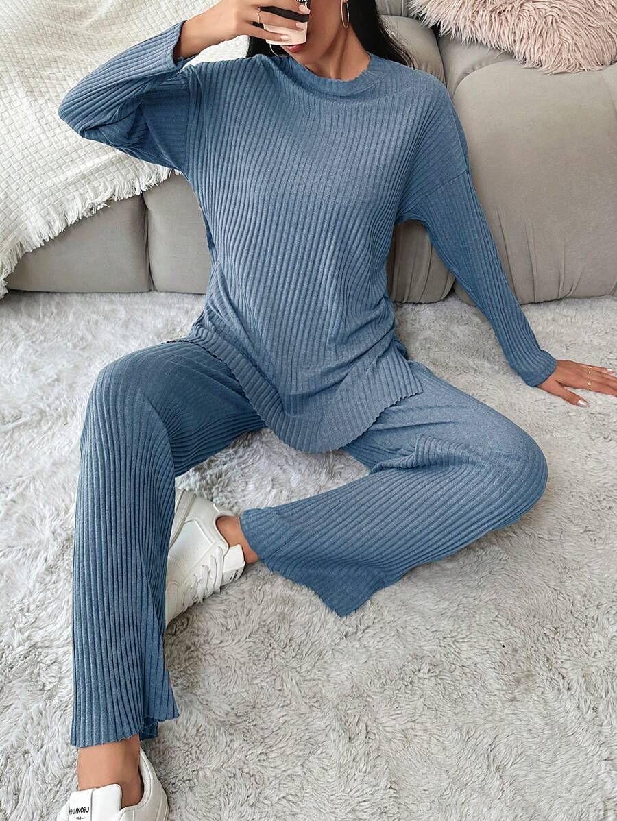 EURMUSE Conjunto de 2 piezas de algodón con top y pantalones de unicolor y diseño simple - Celeste - Ver 1