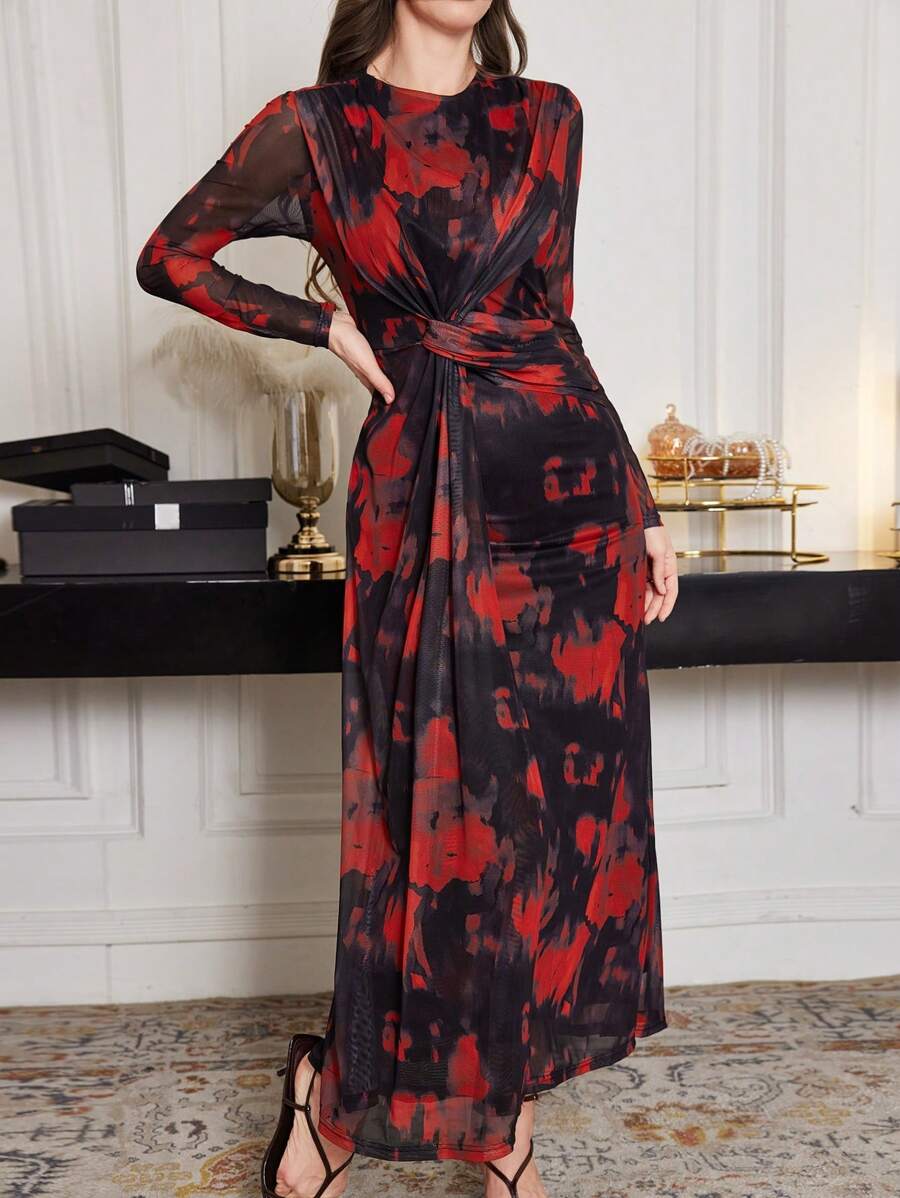 SHEIN Modely Abito elegante da donna con stampa effetto Tintura a nodi e vita annodata SHEIN