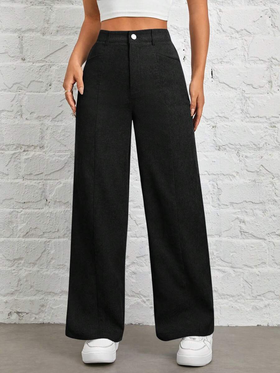 SHEIN PETITE Autumn And Winter Wear Women's Solid Color Straight Corduroy Pants - Black - View 1