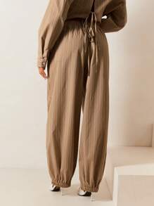 Athîral 女士松紧腰条纹休闲宽松裤，日常穿着 - 駝色 - 查看 4